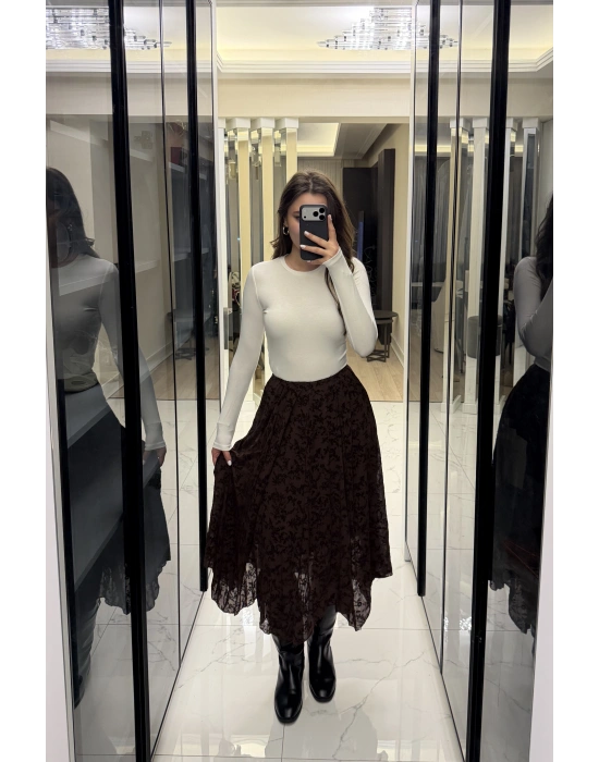 Kahve Asimetrik Kabartma Desenli Etek