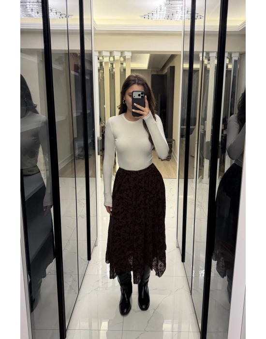 Kahve Asimetrik Kabartma Desenli Etek