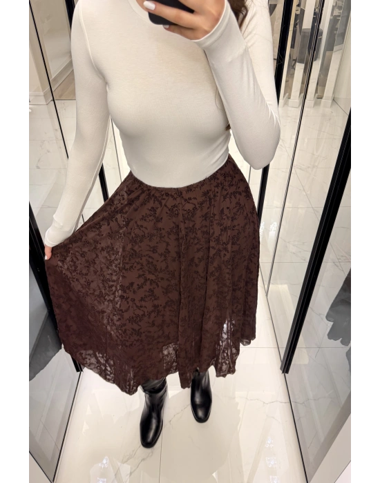 Kahve Asimetrik Kabartma Desenli Etek