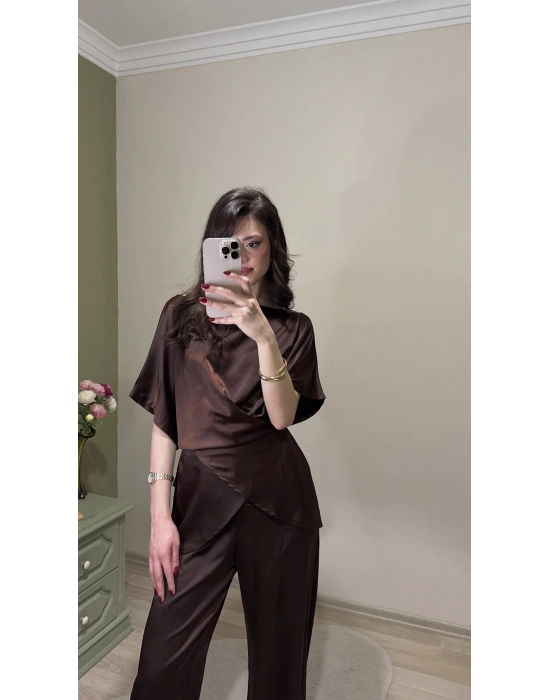 Kahve Aura Bağcıklı Saten Takım