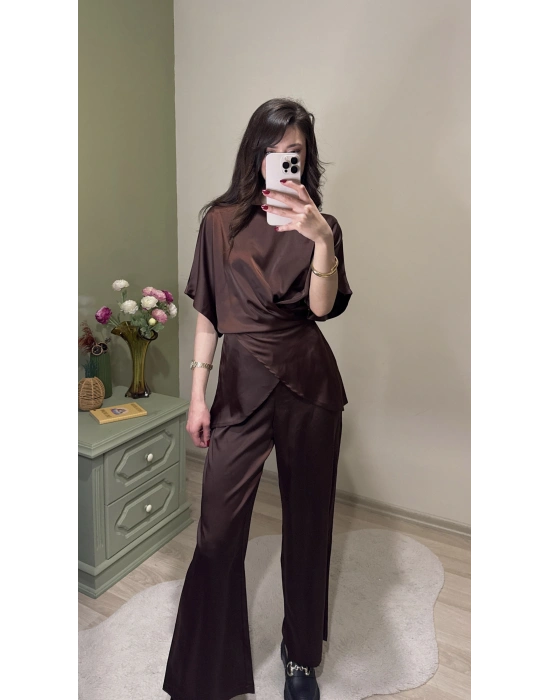 Kahve Aura Bağcıklı Saten Takım