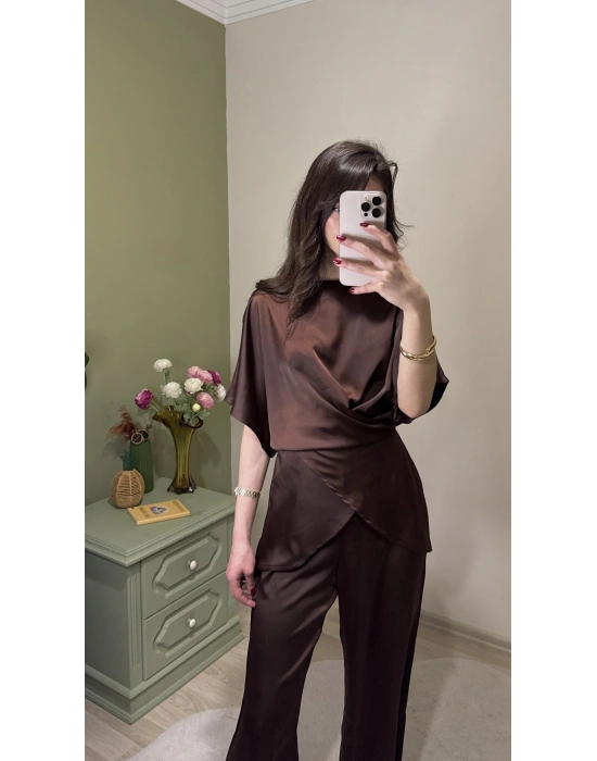 Kahve Aura Bağcıklı Saten Takım