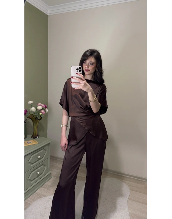 Kahve Aura Bağcıklı Saten Takım