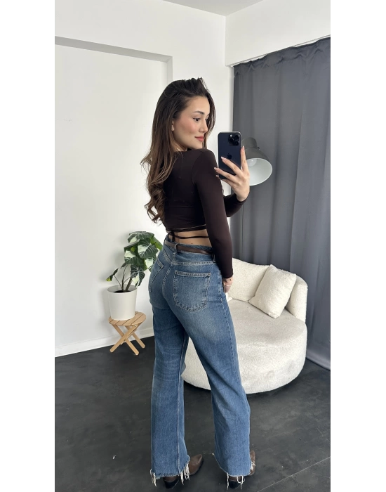 Kahve Belden Bağcıklı Kruvaze Crop Bluz