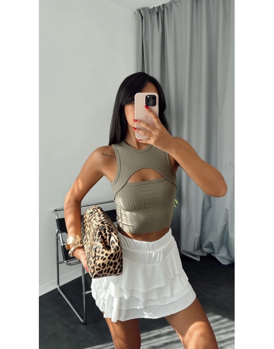 Haki Cut Out Yaka Detay Kaşkorse Crop