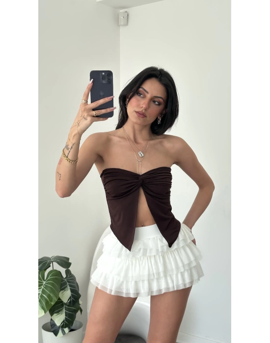 Kahve Elia Kelebek Straplez Bluz