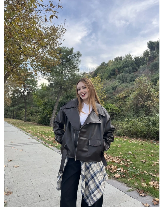 Kahve Elia Premium Biker Deri Ceket