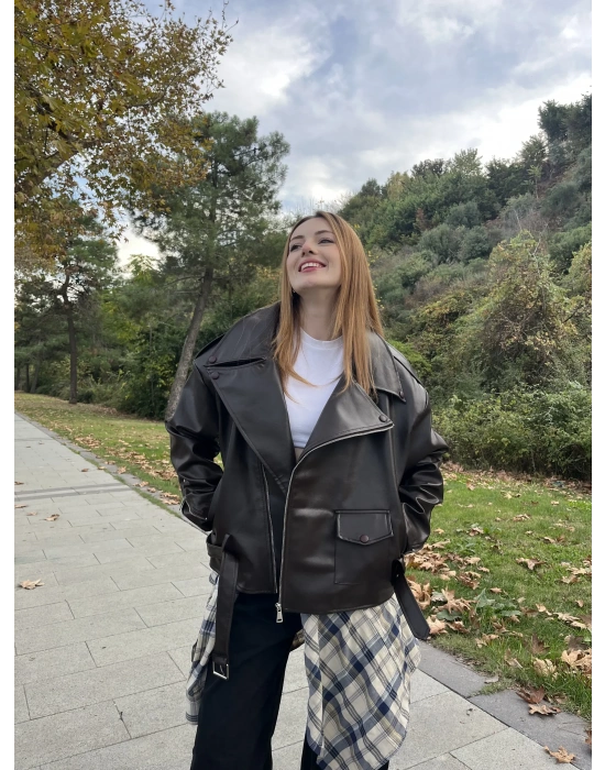 Kahve Elia Premium Biker Deri Ceket