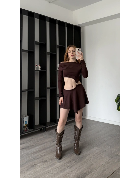 Kahve Elia Toka Detay Dekolteli Elbise
