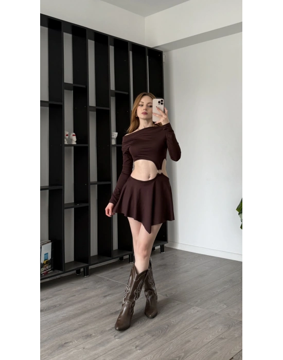 Kahve Elia Toka Detay Dekolteli Elbise