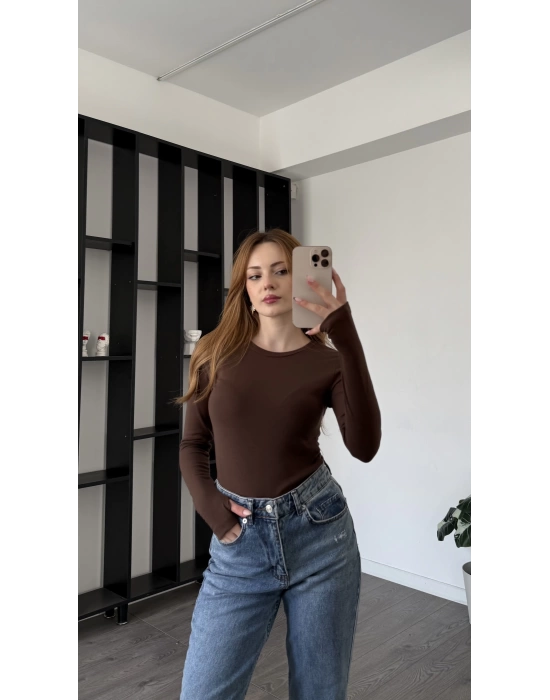Kahve Elisa Parmak Detaylı Basic Bluz