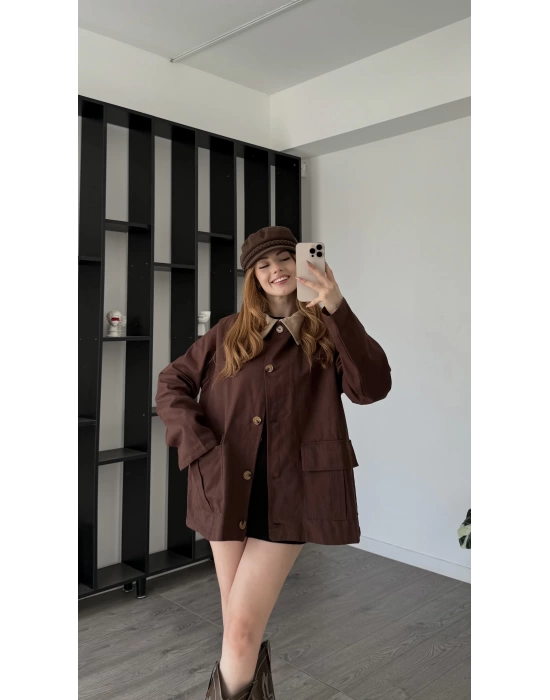 Kahve Emilia Yaka Detaylı Gabardin Ceket