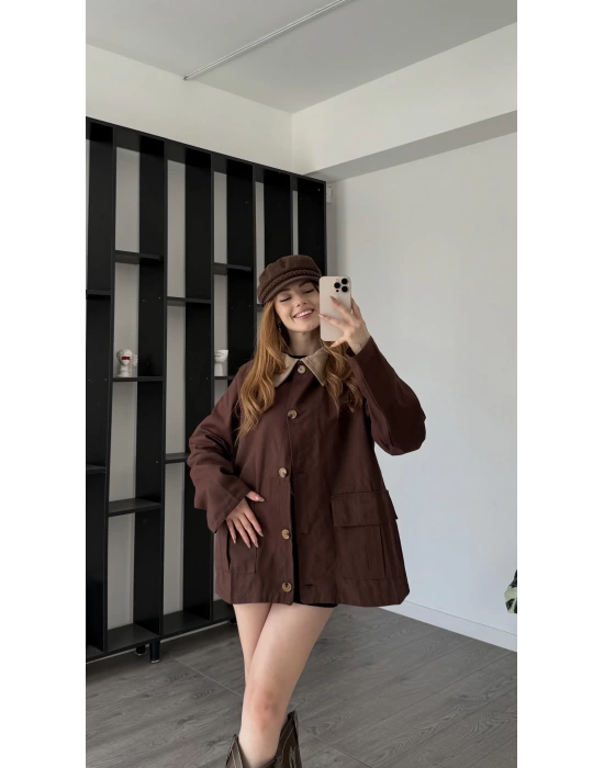 Kahve Emilia Yaka Detaylı Gabardin Ceket
