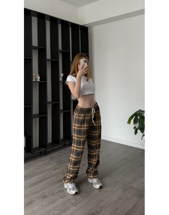 Kahve Frida Unisex Ekose Eşofman Altı