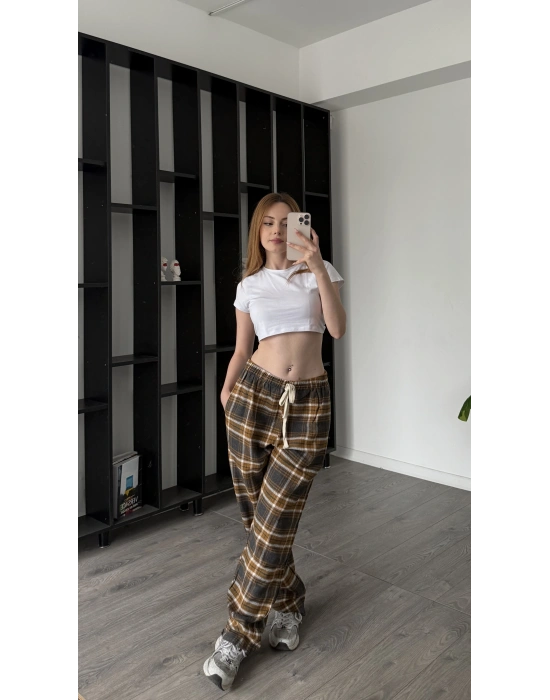Kahve Frida Unisex Ekose Eşofman Altı