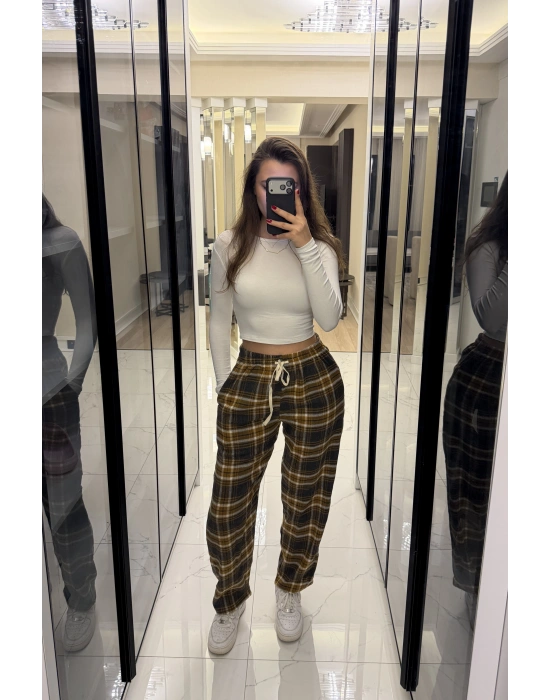 Kahve Frida Unisex Ekose Eşofman Altı