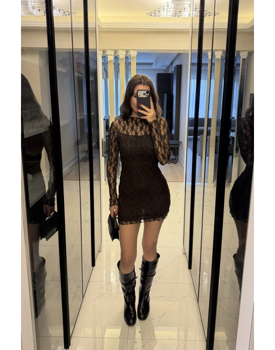 Kahve İç Astarlı Dantelli Elbise