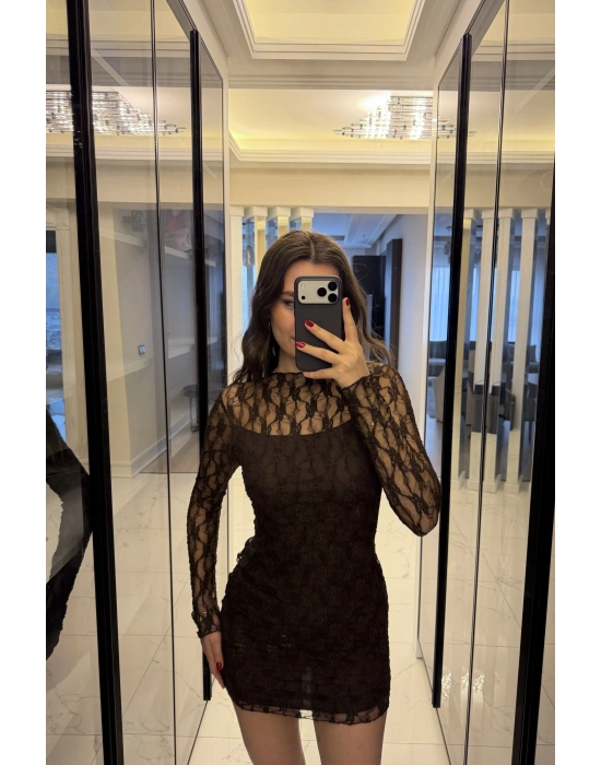 Kahve İç Astarlı Dantelli Elbise