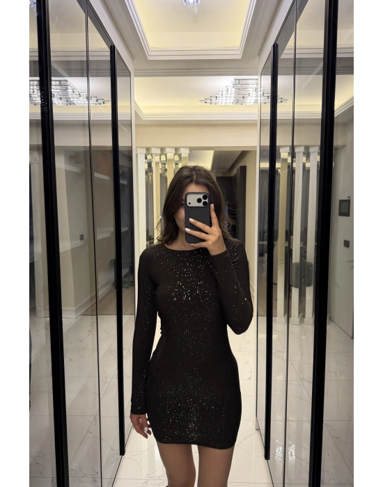 Kahve Işıltılı Sırt Dekolteli Mini Elbise