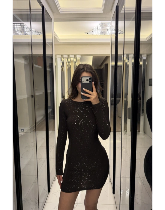 Kahve Işıltılı Sırt Dekolteli Mini Elbise