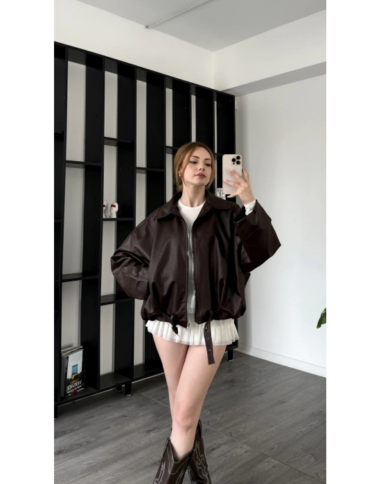 Kahve Jenna Kemerli Bomber Deri Ceket