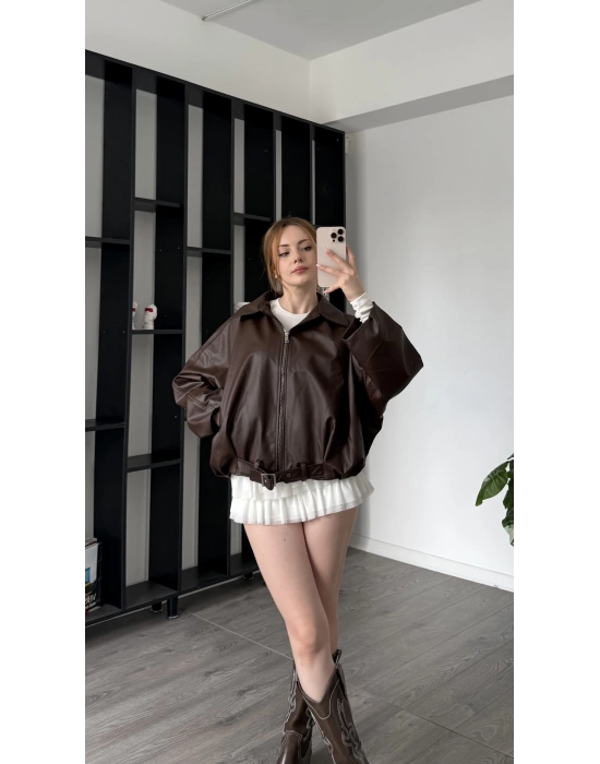 Kahve Jenna Kemerli Bomber Deri Ceket