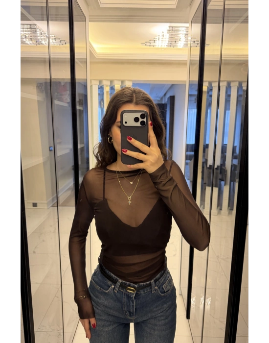 Kahve Jenna Transparan Tül Bluz