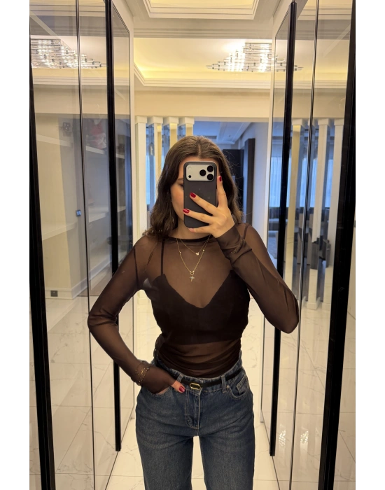 Kahve Jenna Transparan Tül Bluz