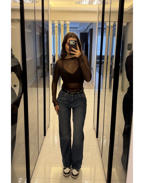 Kahve Jenna Transparan Tül Bluz