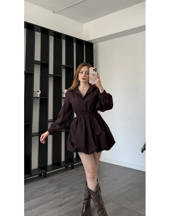 Kahve Kendra Balon Etekli Gömlek Elbise