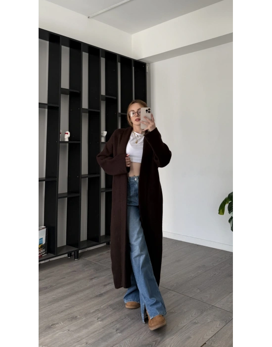 Kahve Kenny Şal Yakalı Uzun Triko Hırka