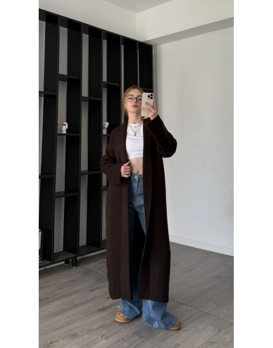 Kahve Kenny Şal Yakalı Uzun Triko Hırka