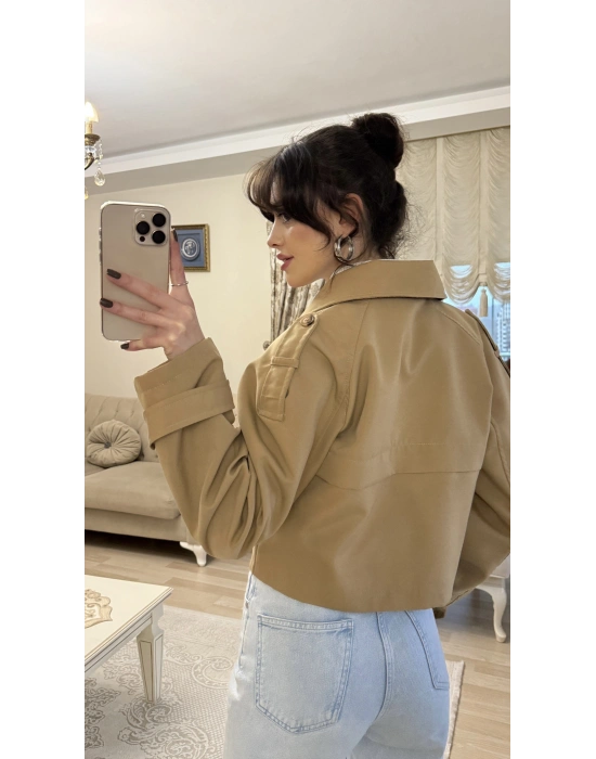 Kahve Kruvaze Düğmeli Kısa Trençkot