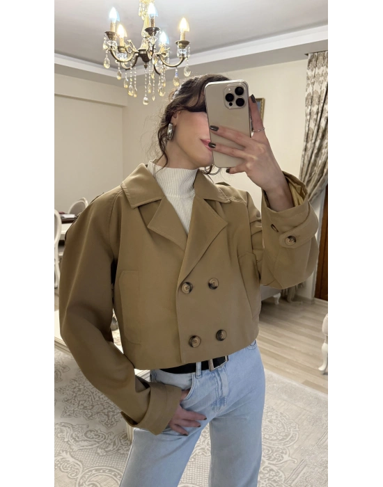 Kahve Kruvaze Düğmeli Kısa Trençkot