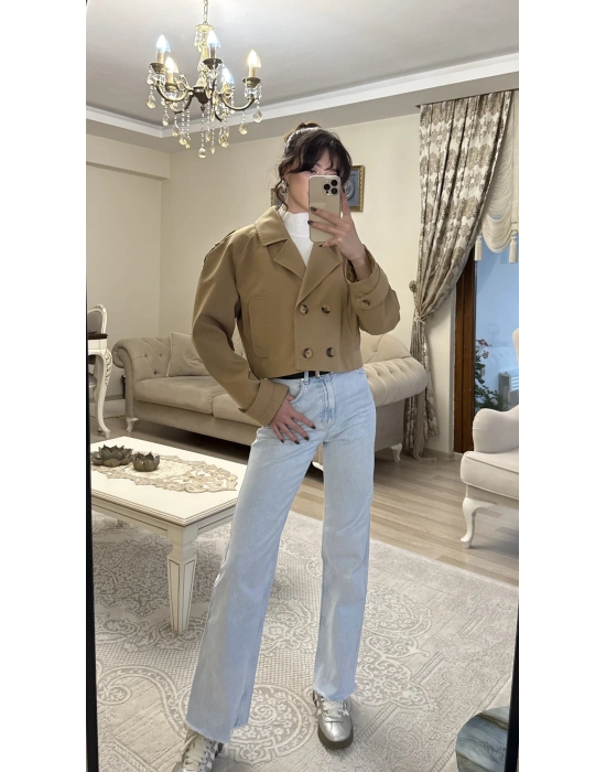 Kahve Kruvaze Düğmeli Kısa Trençkot