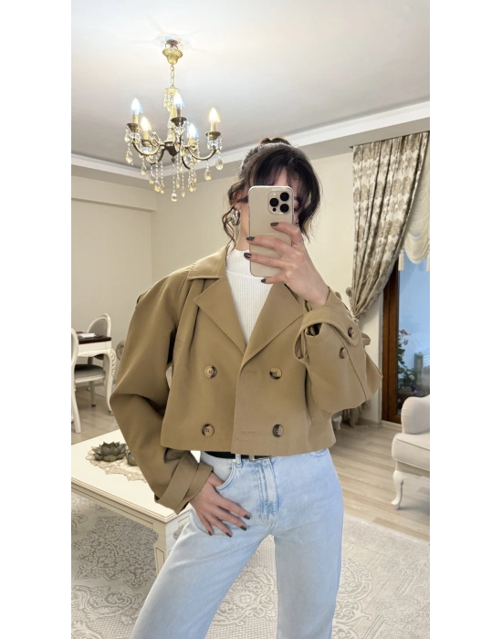 Kahve Kruvaze Düğmeli Kısa Trençkot