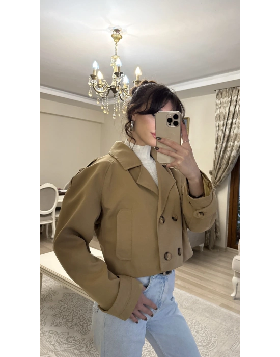 Kahve Kruvaze Düğmeli Kısa Trençkot