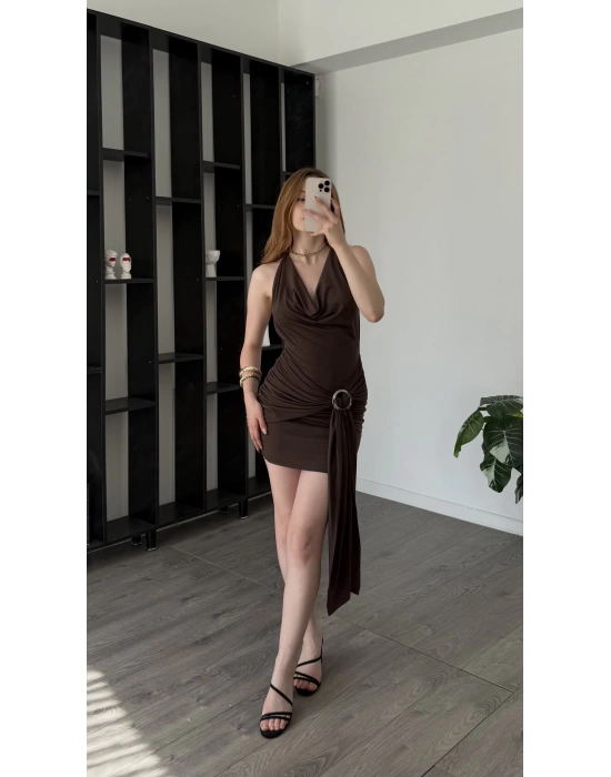 Kahve Livia Kuşaklı Degaje Yakalı Elbise