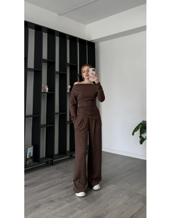 Kahve Lumi Asimetirk Kayık Yaka Modal Takım