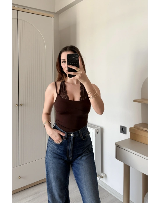 Kahve Nancy Dantel Kombineli Bodysuit