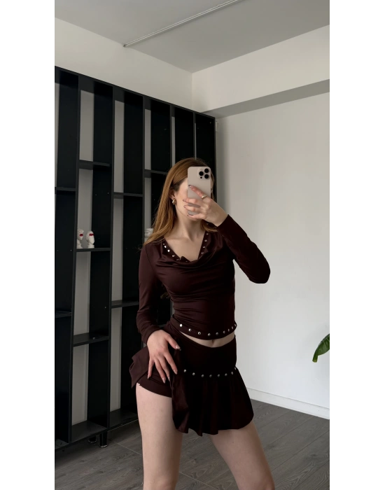 Kahve Nancy Zımbalı Şort Etekli Takım