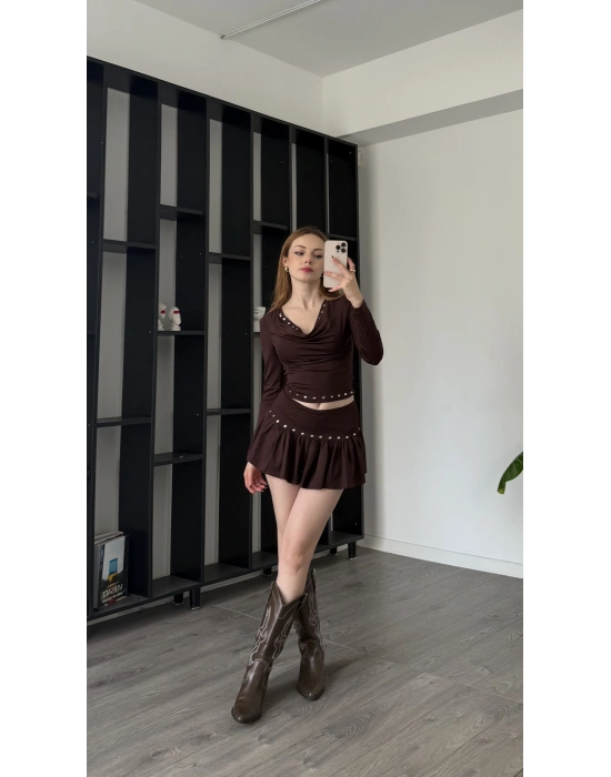 Kahve Nancy Zımbalı Şort Etekli Takım