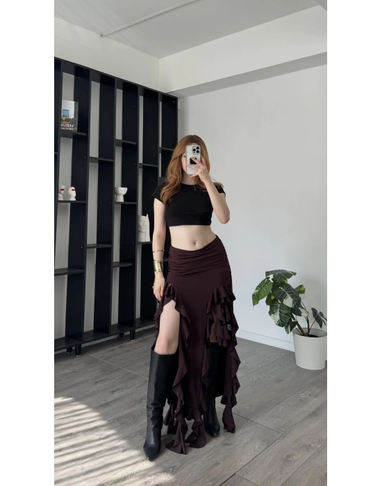 Kahve Pinna Fırfır Yırtmaçlı Etek