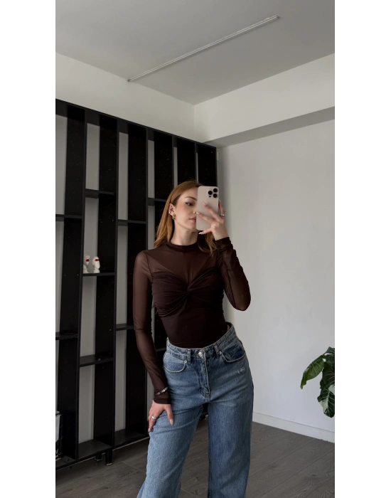 Kahve Rosa Tül Detay Düğüm Bluz