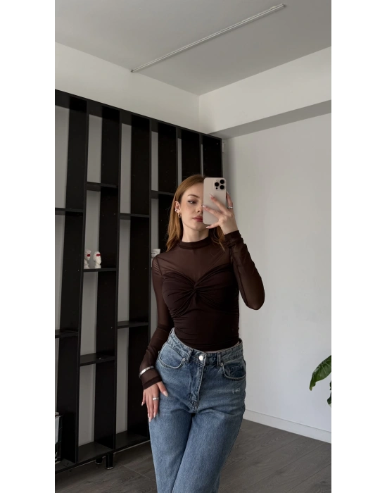 Kahve Rosa Tül Detay Düğüm Bluz