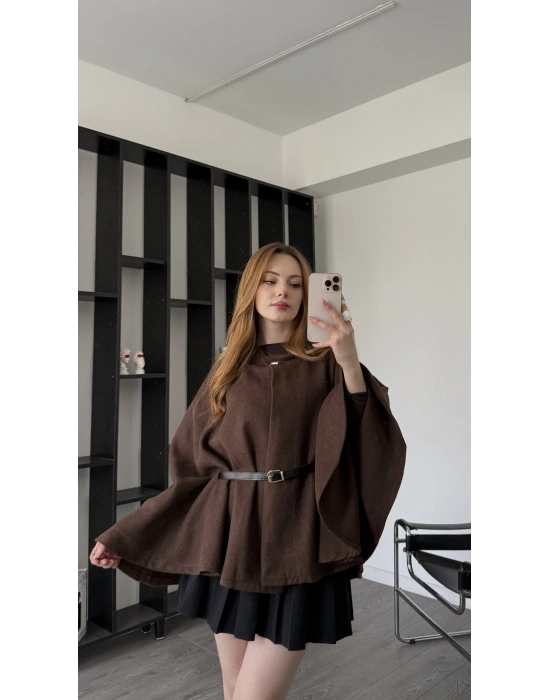 Kahve Rozy Kemerli Kaşe Panço