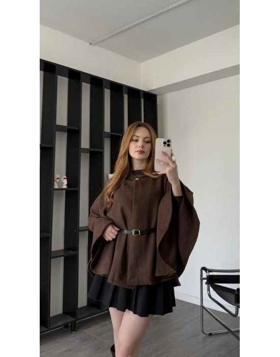 Kahve Rozy Kemerli Kaşe Panço