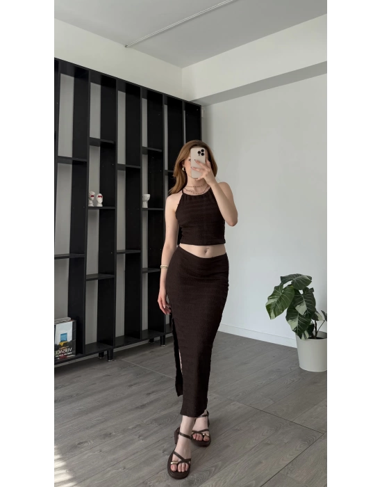 Kahve Selina Dokulu Bluz Etek 2’li Takım