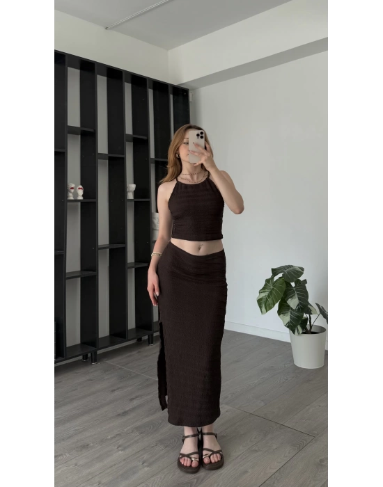 Kahve Selina Dokulu Bluz Etek 2’li Takım