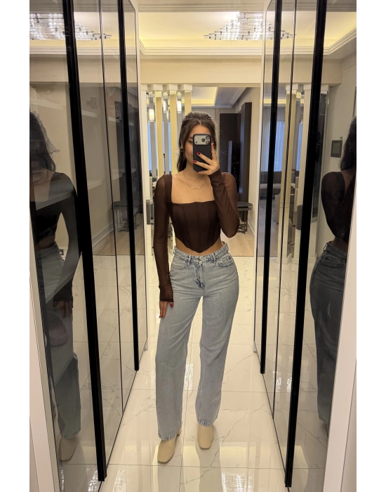 Kahve Tül Kollu Korse Bluz